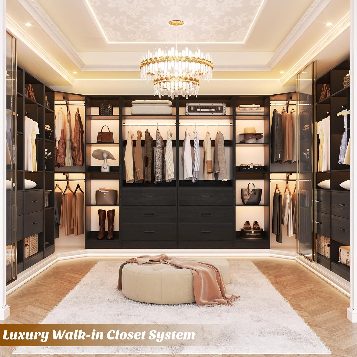 Corner Closet System with 6 Drawers, Closet Organizer System with 14 Shelves & 4 Hanging Rods, 87.2"L * 39.2"W / 63.2"L * 63.2"W Reversible L Shaped Walk-in Closets, Load 2500+LBS, Black