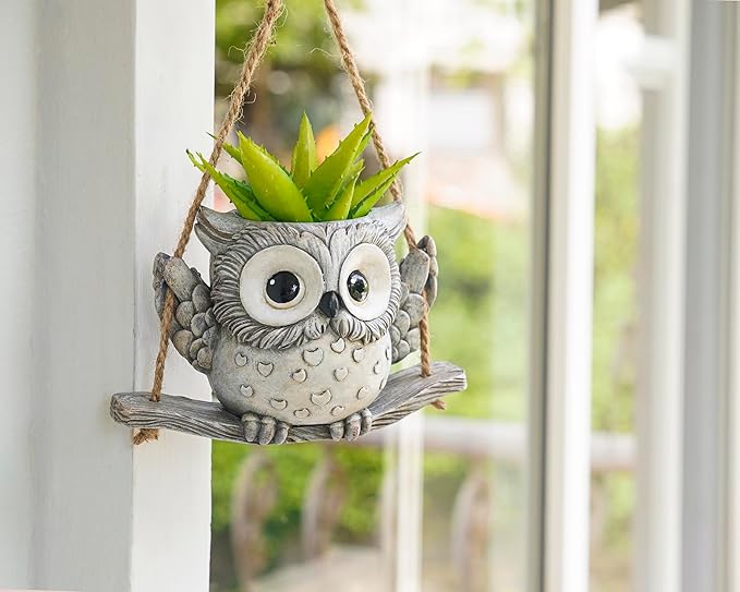 Swing Owl Hanging Planters for Indoor Plants, Cute Small Succulent Pots with Drainage Hole, Unique Resin Plant Hangers Outdoor, Hanging Plant Holder for String Of Pearls, Gift Ideas for Mother