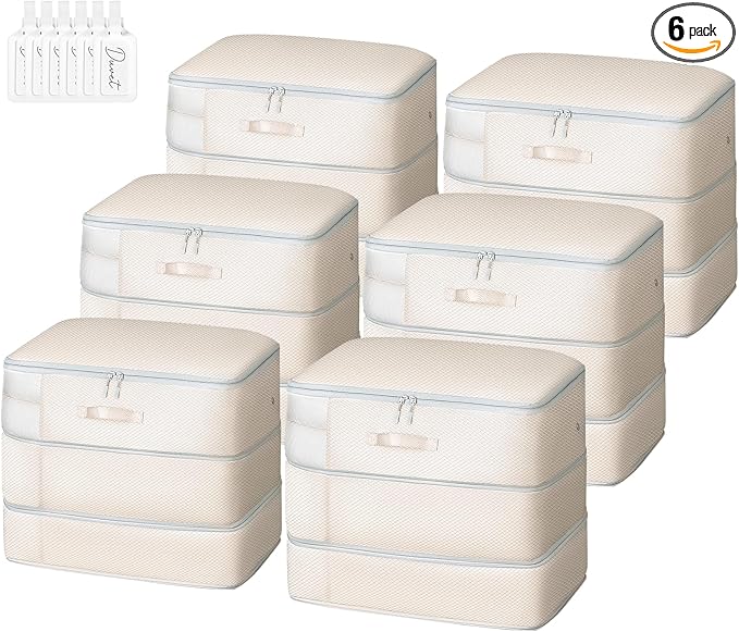 Comforter Storage Bag - Large Capacity Blanket Storage Bags 3-Layer Ultra Space Saving Self Compression Organizer, Washable Compression Bags for Storage Comforter Blanket, 6-Pack, Beige