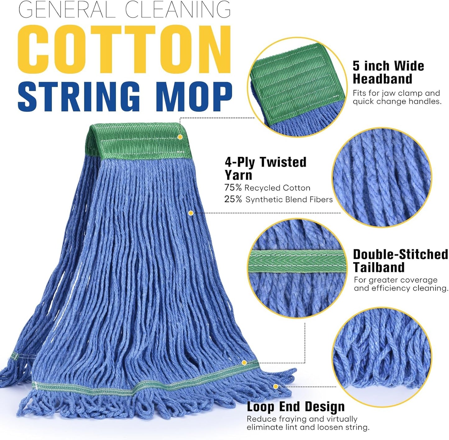 Matthew Cleaning Commercial Mop Head Replacement, 5 Inch Wide Headband, Looped End Cotton Blend String Wet Mops for Floor Cleaning, 28 oz Extra Large, Case Pack 12 Pcs Blue