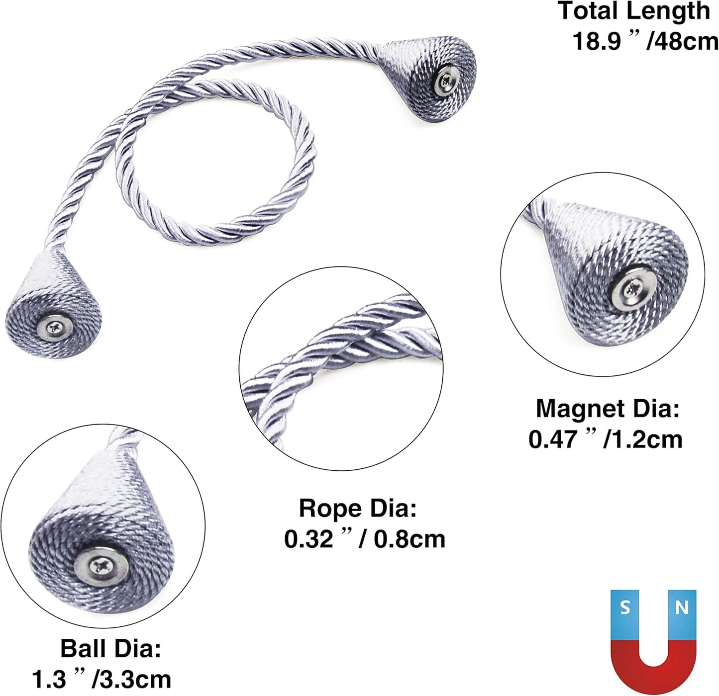 4 Pack Magnetic Curtain Tiebacks Rope Modern Handmade Curtain Tie Backs Decorative Drapes Weave Holdbacks for Window Décor, Grey