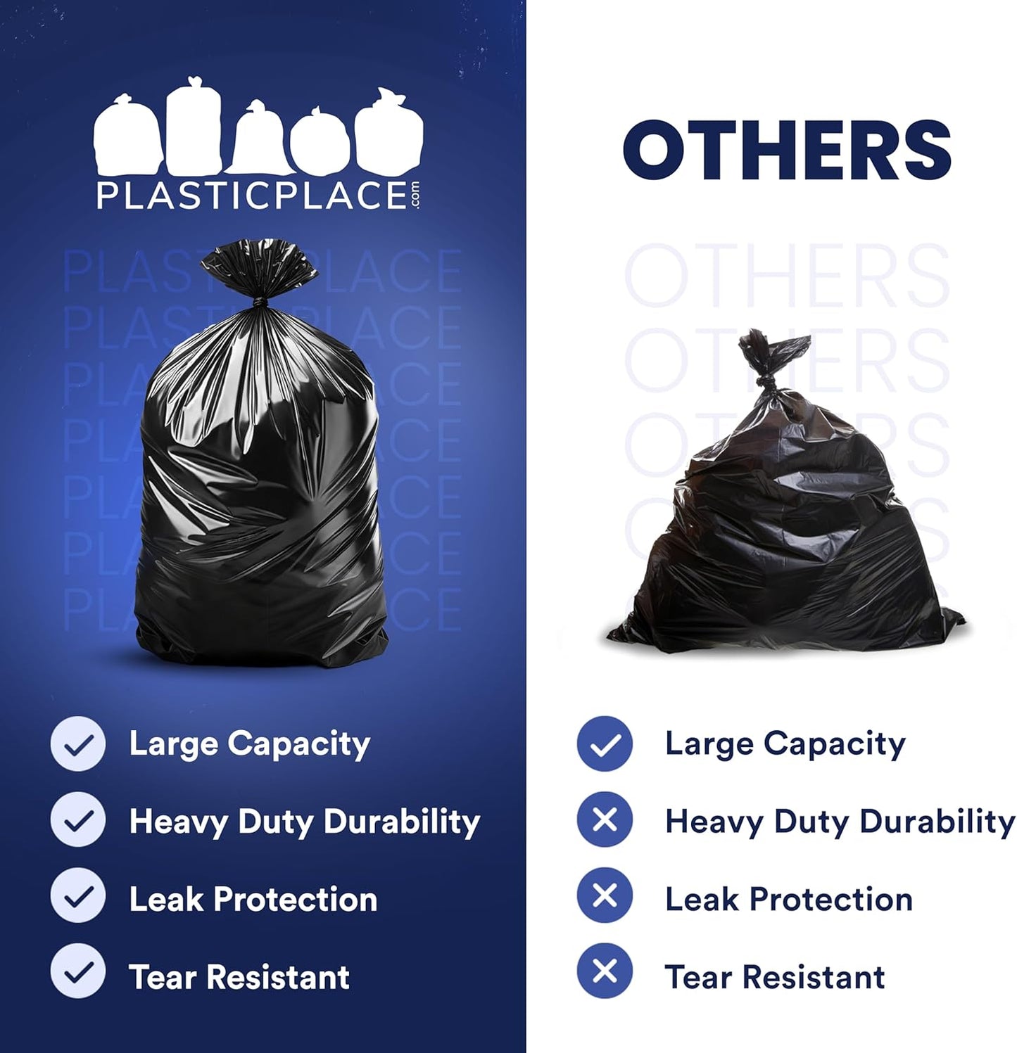Plasticplace 55-60 Gallon Trash Bags │ 1.0 Mil │ Black Heavy Duty Garbage Can Liners │ 38” x 58” (100 Count)