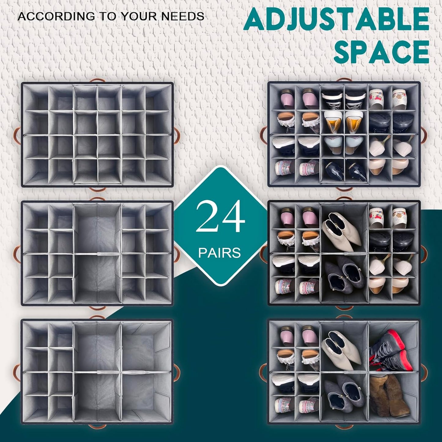 Shoe Organizer for Closet, Foldable Shoe Storage Bins with Clear Cover, Space Saving Shoes Holder with 4 Handles, Large Adjustable Shoe Box Storage Containers, Fits 12-24 Pairs, 2 Pack, Black