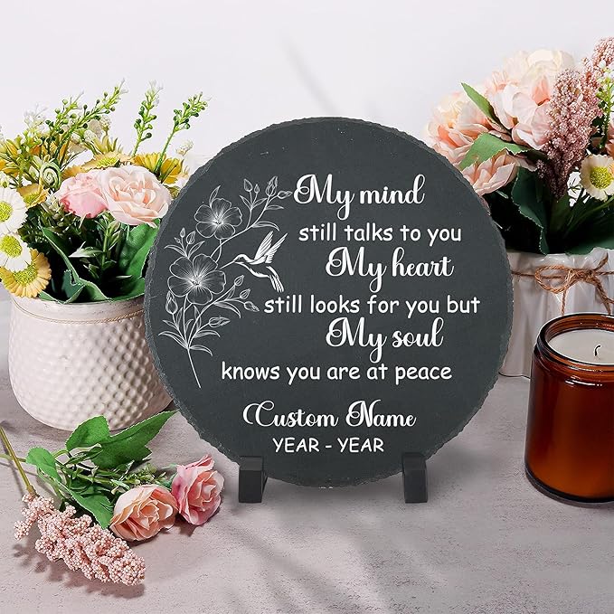 Slate Memorial Garden Stone Personalized, Hummingbird Stepping Stones Memorial Gifts for Loss of Loved One, Sympathy Stone, Memorial Plaque, My Mind Still Talks to You TNP42 (1, Round)