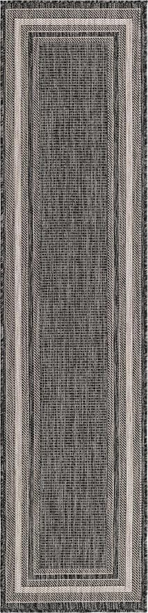 Unique Loom Outdoor Border Collection Area Rug - Soft Border (2' x 8' Runner, Black/ Ivory)