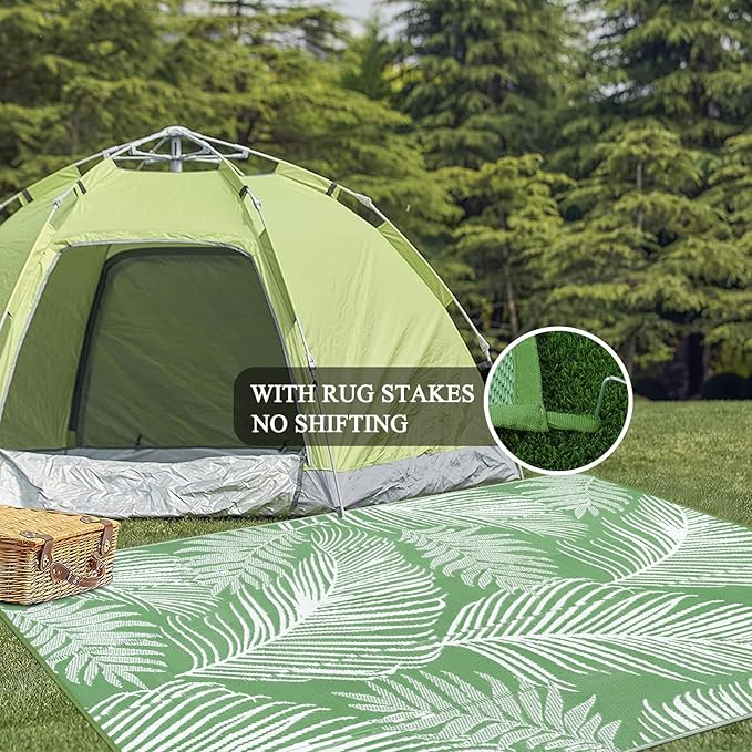 Pauwer Waterproof Outdoor Rug 8x10, Reversible Plastic Straw Patio Camping Rug, Indoor Outdoor RV Mat Carpet for Deck, Camper, Porch, Balcony, Backyard, Picnic, Leaf Green