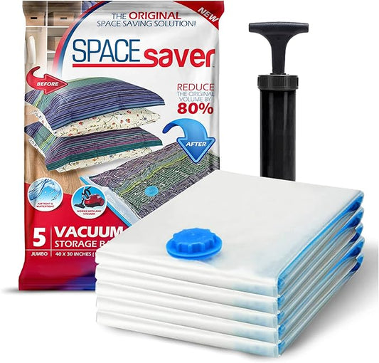 5 Pack Jumbo Vacuum Storage Bags for Comforters, Blankets & Clothes – Jumbo Vacuum Sealed Compression Bags with Hand Pump – Space Saver Storage Bags for Bedding, Moving, Travel & Organization
