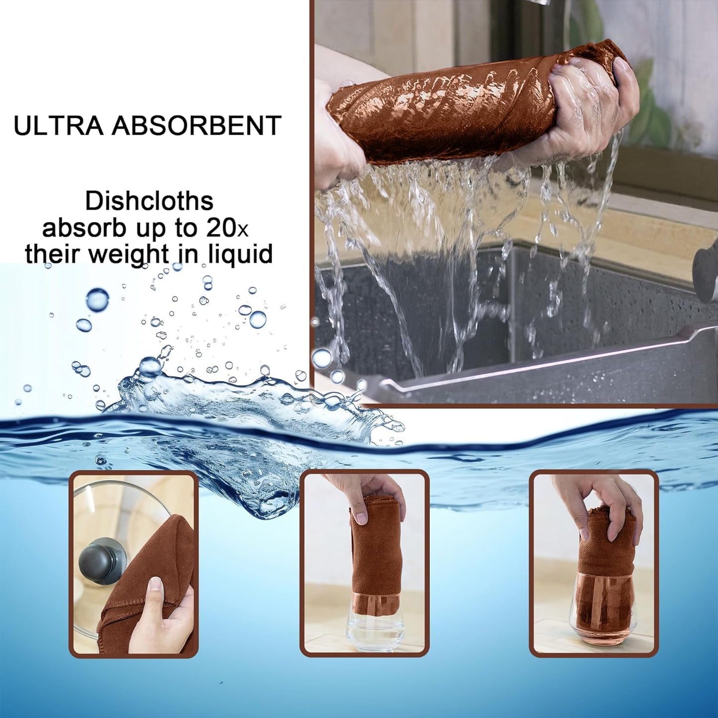 kimteny 13x28 Inches Kitchen Cloth Dish Towels, 400 GSM Premium Dishcloths, Super Absorbent Coral Velvet Microfiber Cleaning Cloths, Fast Drying Rags for Washing Dishes (12 Pack, Brown)