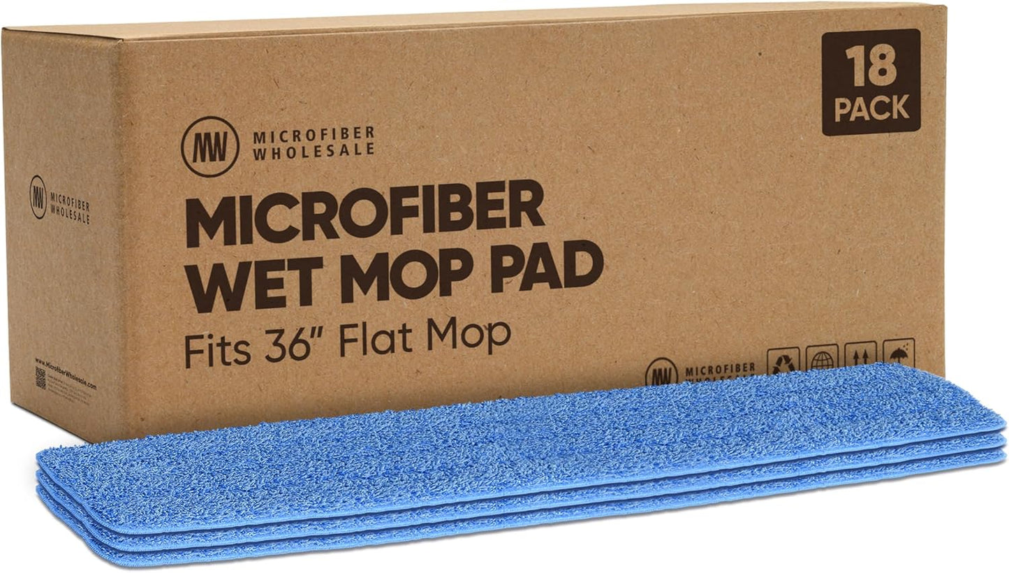 Microfiber Wholesale 36 inch Microfiber Mop Pads - Machine Washable, Reusable, Refills & Replacement Wet Mop Heads Compatible with Any Microfiber Flat Mop System (18 Pack)