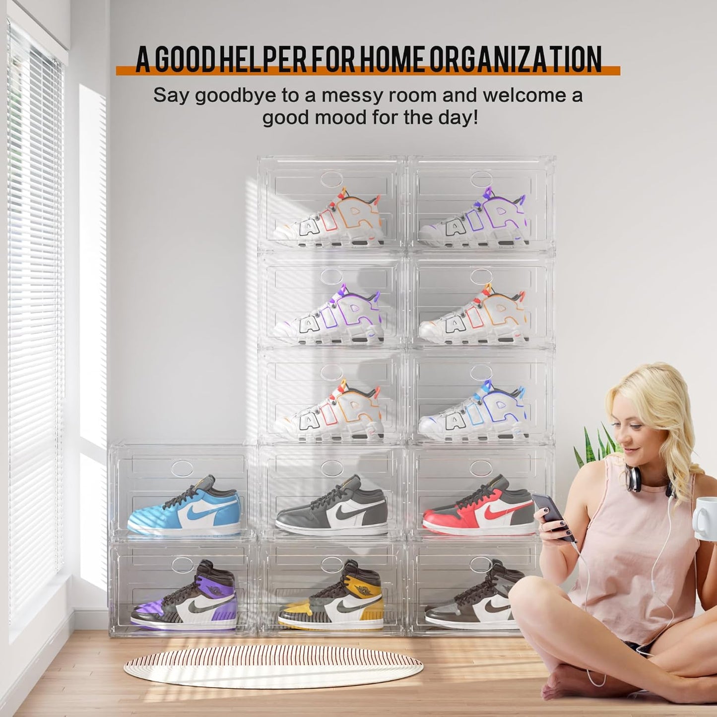 KEFA XL Shoe Storage Box Organizer, 8 Pack Shoe Boxes Clear Plastic Stackable, Sneaker Display Case Container Fit for US 13 (Side 8 PACK CLEAR)