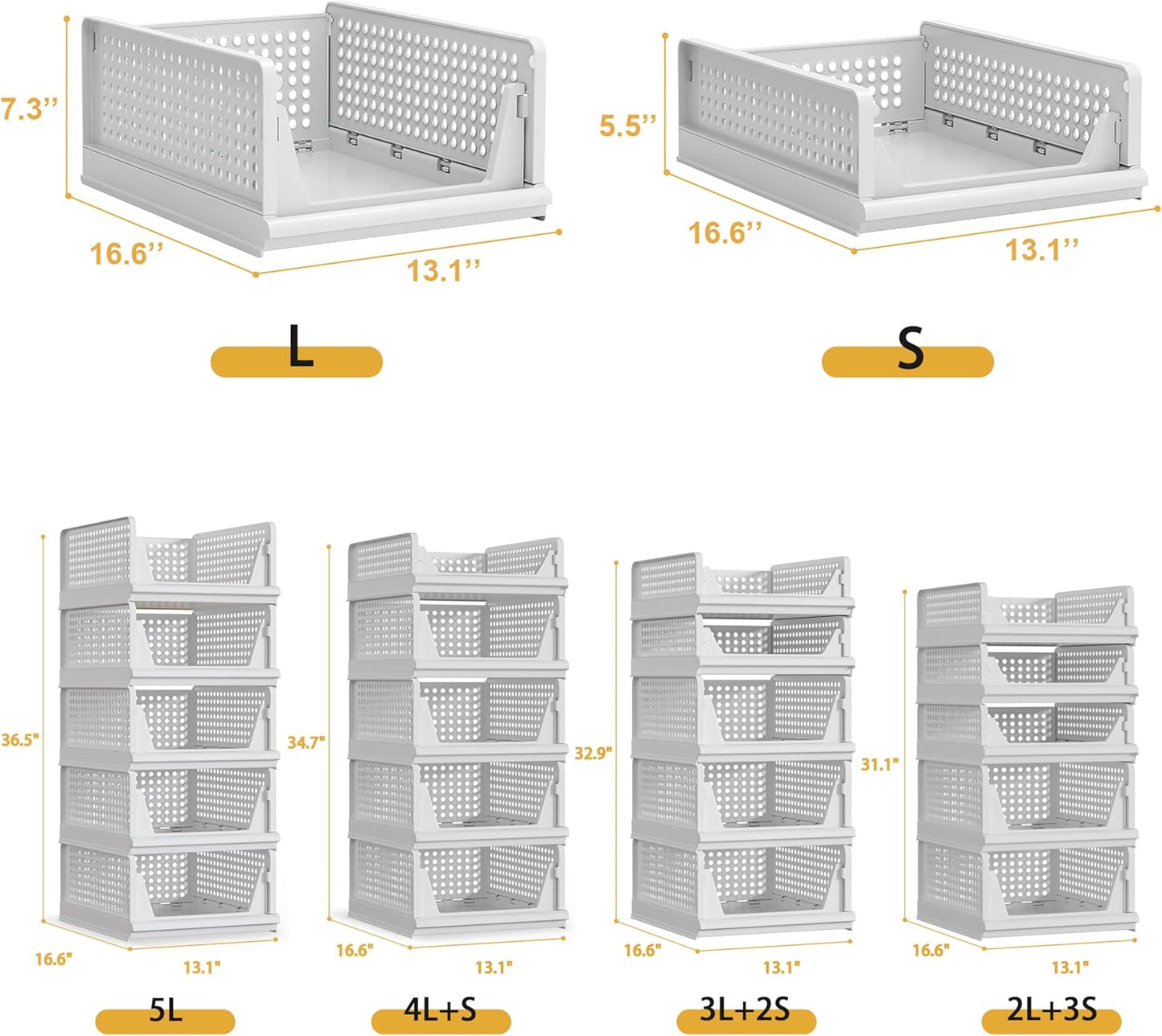 Proarea 5 Pack Stackable Plastic Storage Basket Closet Organizer Bin Foldable Clothes Organizer Storage Drawer Shelf Container for Living Room Bathroom Kitchen Office (5L)