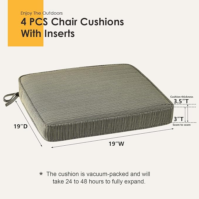 Outdoor Square Corner Seat Cushion, 19"x19"x3", Set of 4, Non Slip Seat Cushion Pads with Removable Cover for Patio Furniture, Garden Yard Lawn, Dark Black Tan Stripe