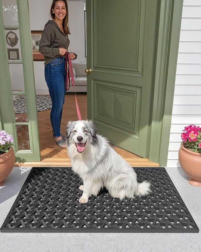 Color&Geometry Door Mat Outside Entrance with Drainage, Rubber Heavy Duty Dirt Trapper Waterproof Outdoor Welcome Mat, Outdoor Mats All Weather for Front Back Door Patio Entryway Entry, 19"X30" Black