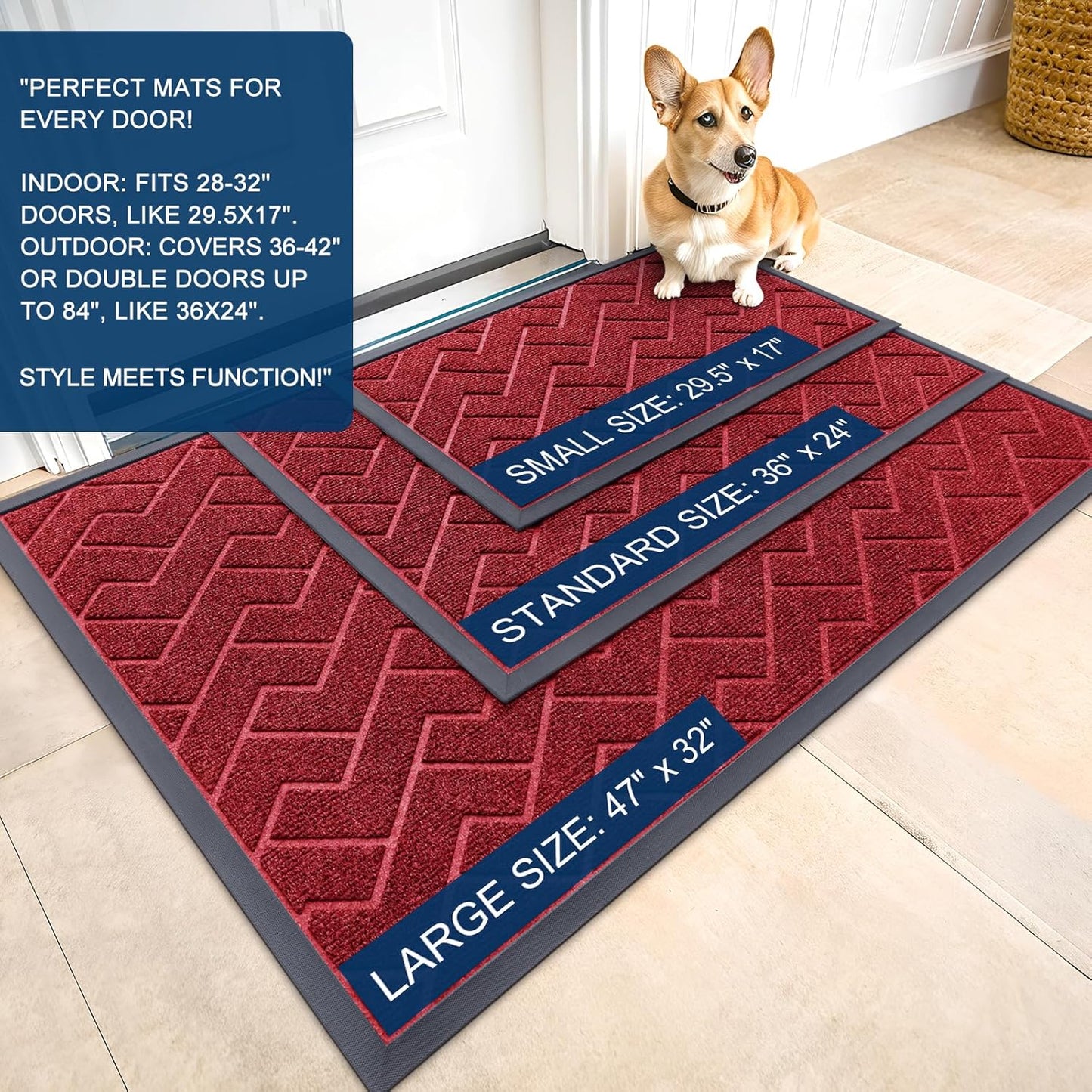 OLANLY Front Door Mat Indoor Outdoor Entrance, Waterproof All-Season, All-Weather Doormat, Sturdy Natural Rubber, Low Profile, Easy Clean Patio Porch Entryway Mat, Herringbone Brick (Wine Red, 71x47)