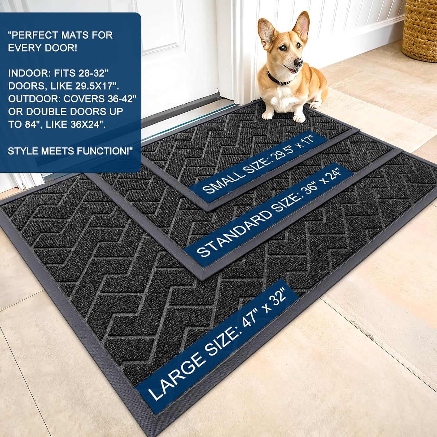 OLANLY Front Door Mat Indoor Outdoor Entrance, Waterproof All-Season, All-Weather Doormat, Sturdy Natural Rubber, Low Profile, Easy Clean Patio Porch Entryway Mat, Herringbone Brick (Black, 71x47)