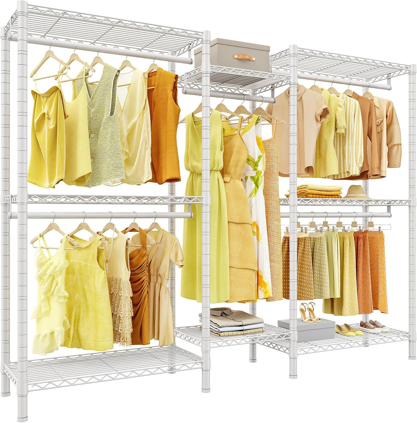 Raybee Clothes Rack,Clothing Racks for Hanging Clothes Heavy Duty,Adjustable Garment Rack with Shelves,rolling clothes rack Max Load 905LBS,75" W x 77" H x 17.8" D,White