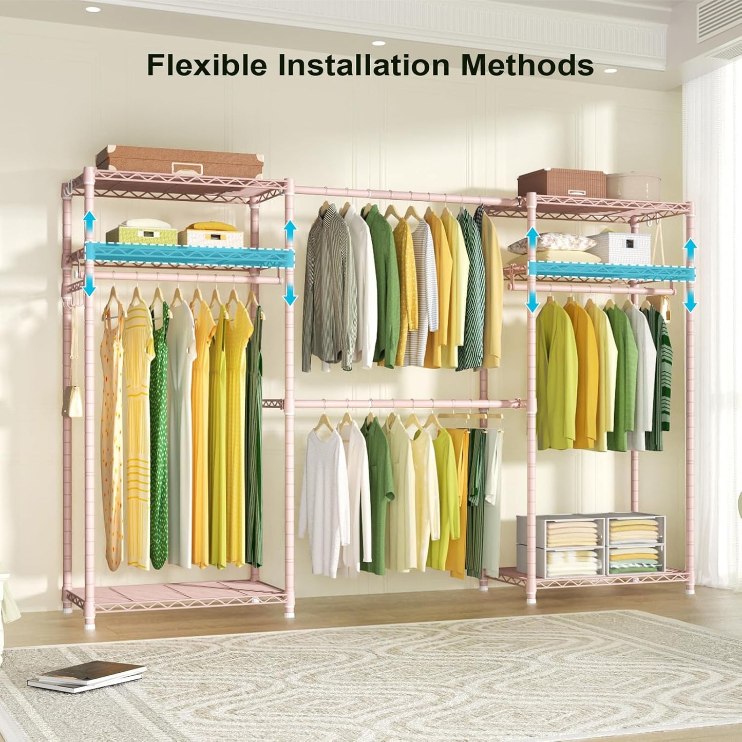 Ulif E1 Heavy Duty Closet Garment Rack, 6 Tiers Adjustable Metal Freestanding Expandable Clothing Storage with 4 Hanger Rods, Easy to Assemble Wardrobe, 71.4" H x (70" - 88.2") L x 14" D, Pink