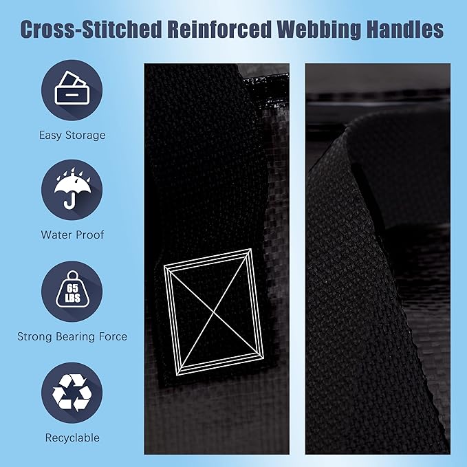 8 Pack Large Strong Bags with Zippers & Carrying Handles - Water-Resistant - Heavy Duty Storage Tote for Space Saving, Fold Flat, Alternative to Moving Box (Black)