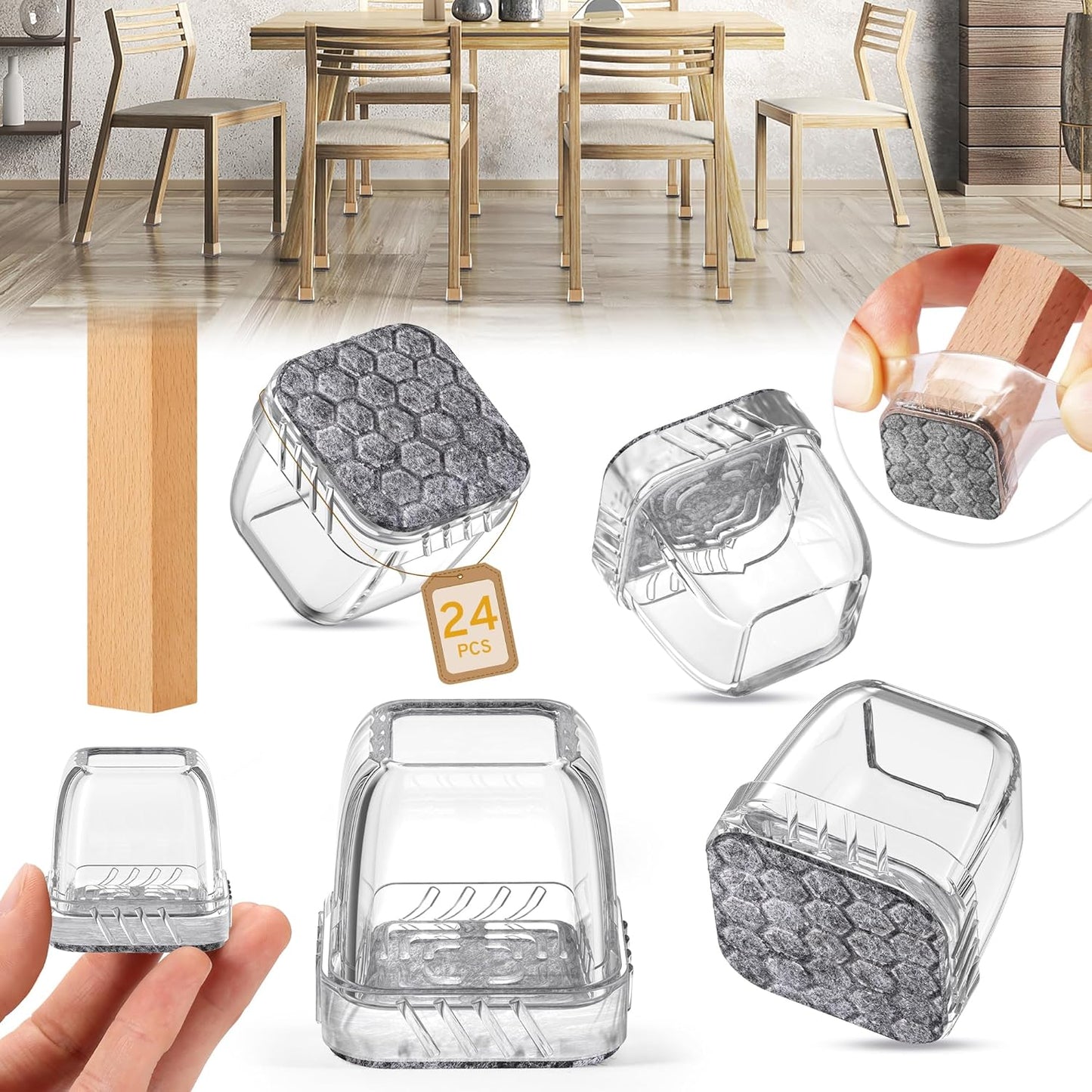 24PCS Extra Small Chair Leg Floor Protectors, Furniture Sliders, Chair Leg Protectors for Hardwood Floors, Non-Slip Felt Furniture Pads, Square Silicone Cap Covers to Protect Floors(Fit 0.5" - 0.75")