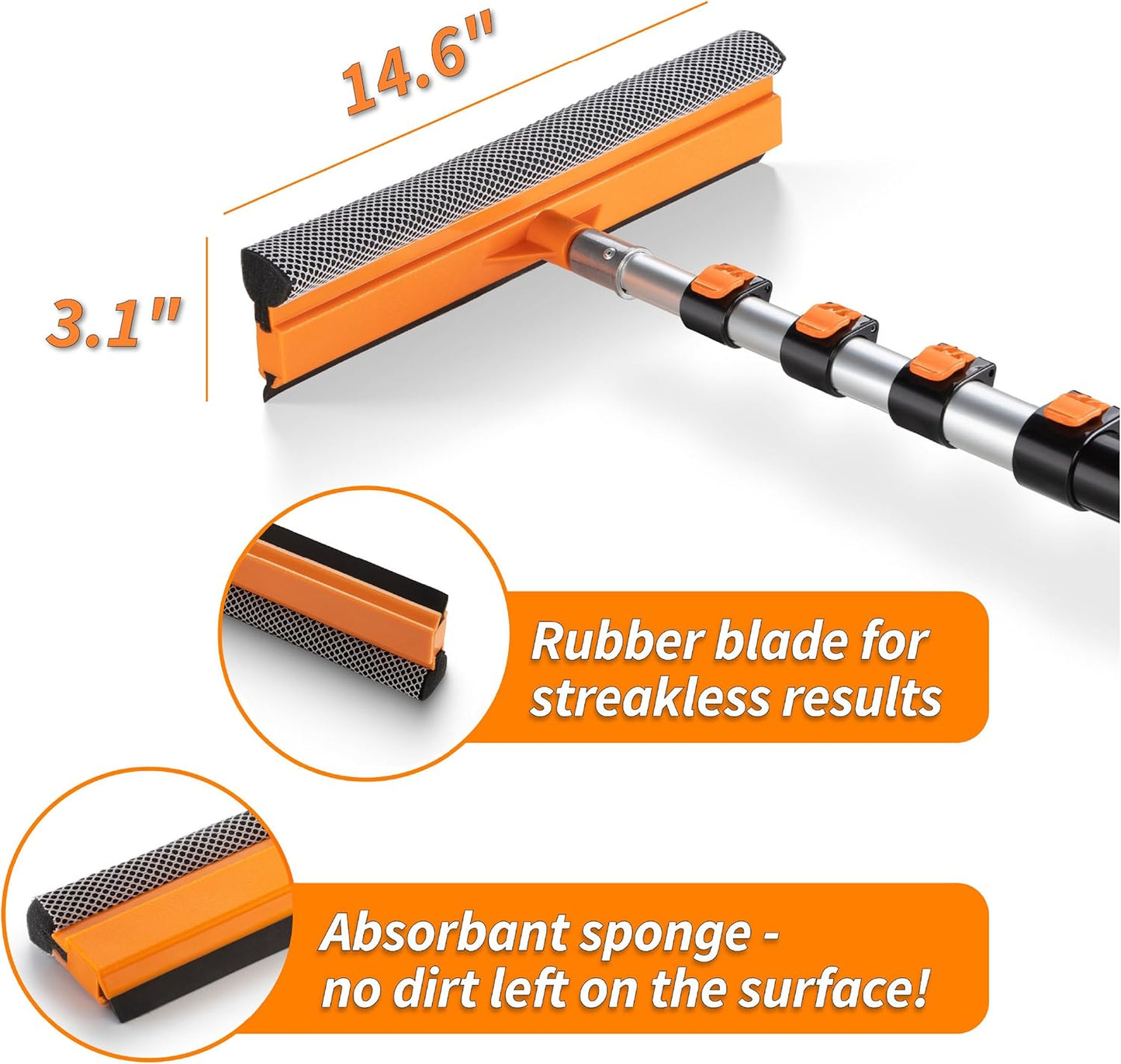 5-18 ft Window Washer Squeegee Kit with Extension Pole (24+ Foot Reach) // Long Handle Squeegee for Window Cleaning & Car Cleaning Multi-Use//Telescopic Professional Window Cleaning Squeegee for Home