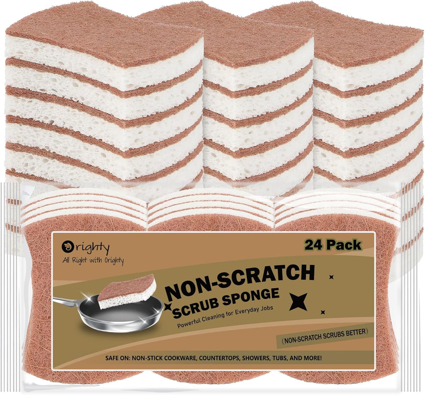 Orighty Non-Scratch Scrub Sponge, 24-Pack, Cellulose Kitchen Scrubber Sponges, Ideal for Kitchen Cleaning, Non-Stick Cookware, Washing Dishes, Bathroom, and Household