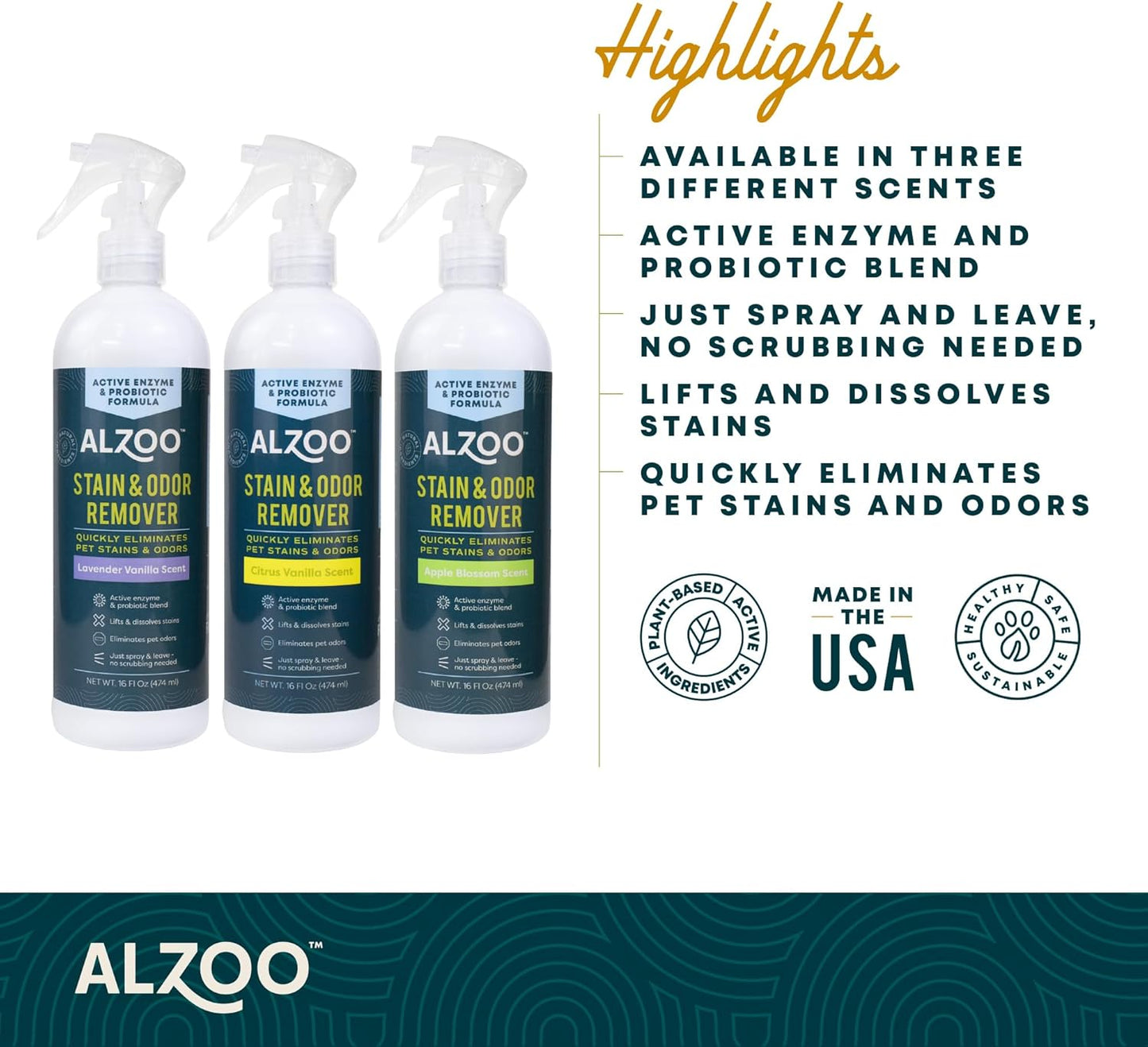 ALZOO Stain & Odor Remover, Quickly Lifts & Dissolves Pet Stains & Helps Eliminate Odors, 100% Plant-Based Active Ingredients, Apple Blossom Scent, 16 Fl. Oz Spray Bottle
