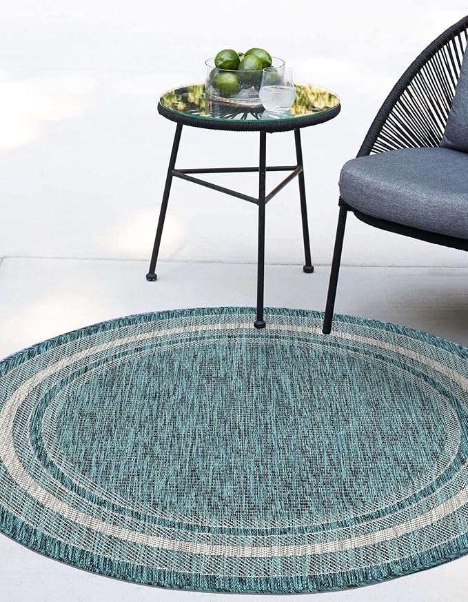 Unique Loom Outdoor Border Collection Area Rug - Soft Border (5' 1" Round, Teal/ Ivory)
