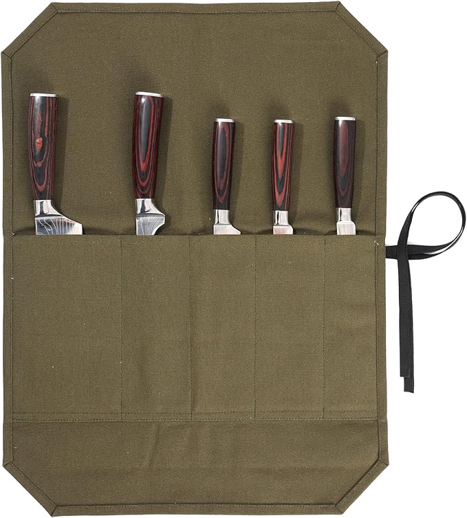 Kaaltisy Knife Roll Bag, 16oz Waxed Canvas Chef Knife Bag with 5 Slots, Specialized Anti Cutting Fabric Knife Holder with Tie Rope | Army Green