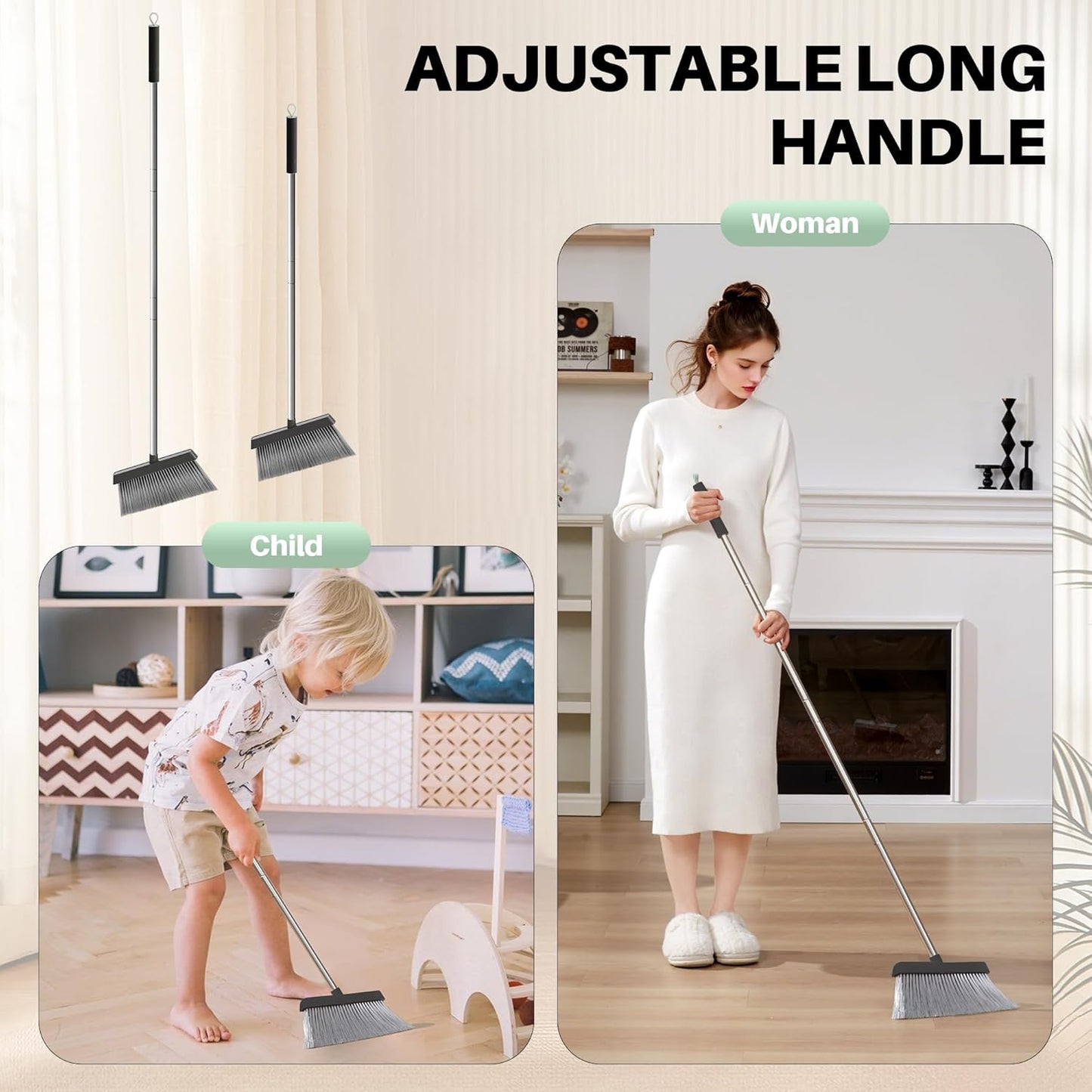 JOYMOOP Black Broom and Dustpan Set with 56” Handle, Upright Angle Design for Pet Hair and Hard Floor Sweeping