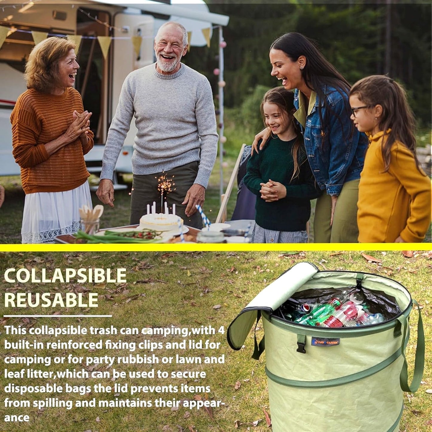 YUDI & GARDEN 29 Gallon Hard Bottom Collapsible Trash Can｜Collapsible Garden Bag｜Camping Trash Can, Green 2-Pack for Collecting Weeds or Yard and Party Waste