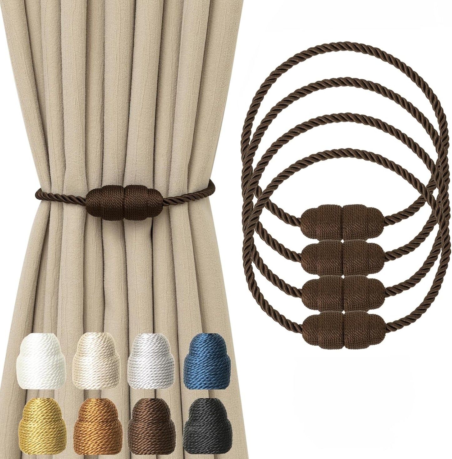 Magnetic Curtain Tiebacks Rope Tie Backs 4 Pack Decorative Window Holdbacks, Coffee