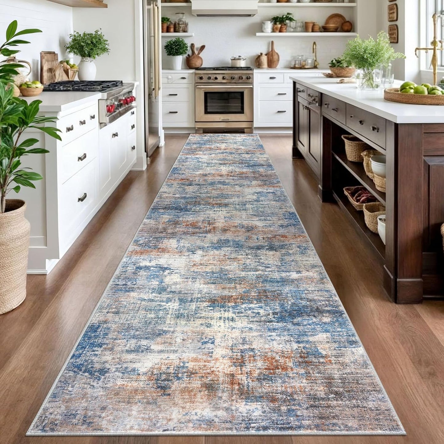 IOHOUZE Abstract Runner Rug 3x16 Ft Extra Long Washable Runners for Hallways, Non Slip Kitchen Runner Printed Faux Wool Entryway Runner Indoor, Modern Abstract Floor Carpet for Hall Stair, Blue Rust