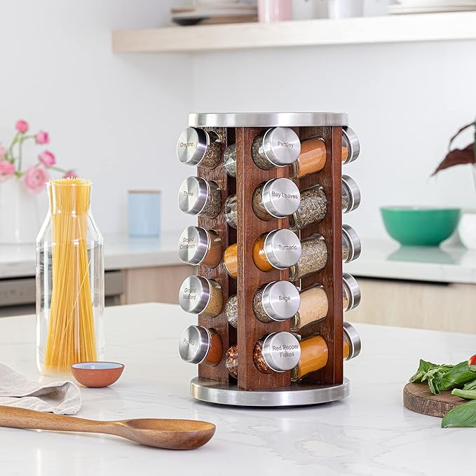 Orii 20 Jar Dark Acacia Wood Spice Rack with Spices Included - Rotating Tower Organizer for Kitchen Spices and Seasonings, (Dark Stained Acacia Wood)