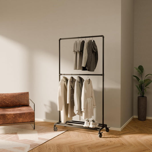 pamo Industrial Pipe Clothing Rack with Shelf - 130 lbs Capacity - Free Standing Clothes Rack and Walk In Closet for Wardrobe