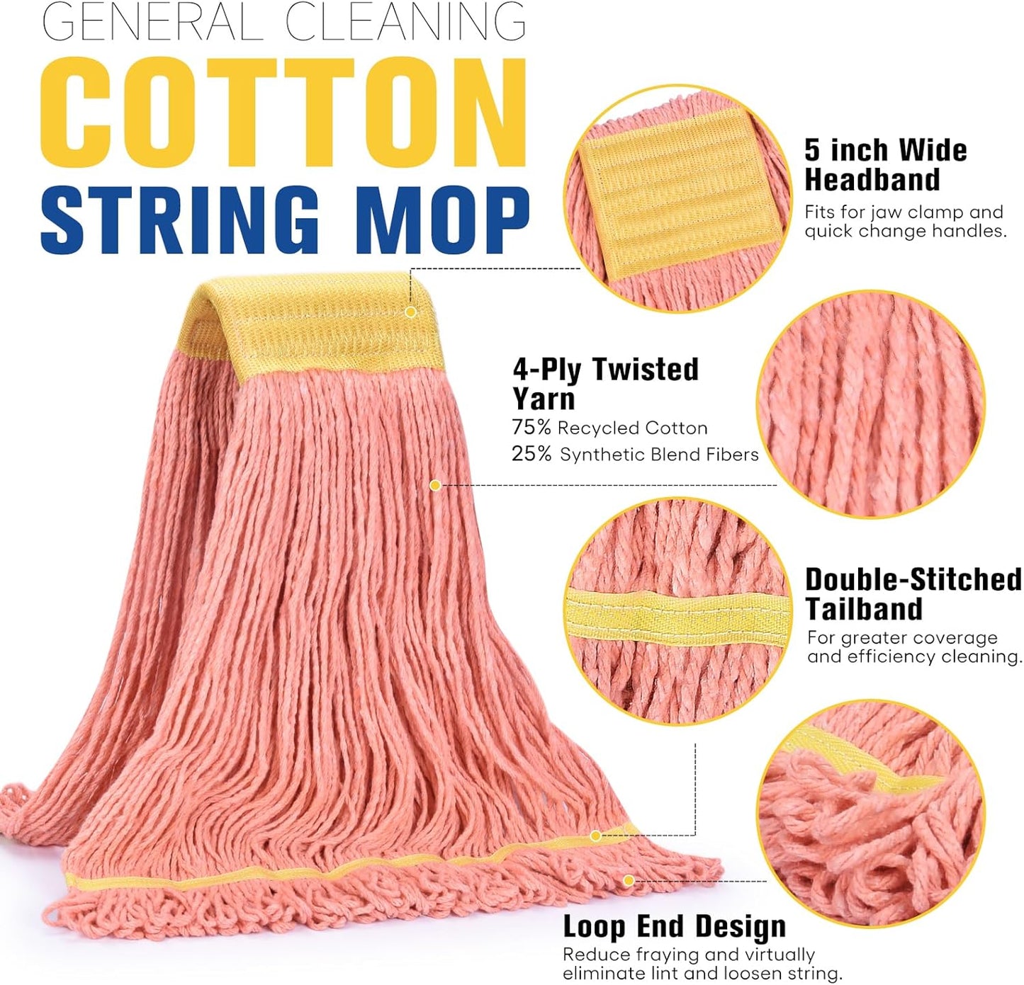 Matthew Cleaning Commercial Mop Head Replacement, 5 Inch Wide Headband, Looped End Cotton Blend String Wet Mops for Floor Cleaning, 24 oz Large, 1-Pack Orange