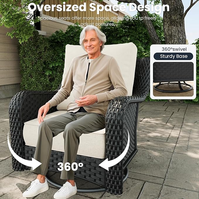 10 Pieces Outdoor Patio Furniture Sets with Rocking Swivel Chairs with 6-inch Thick Cushion and Fire Pit Table for Deck Lawn