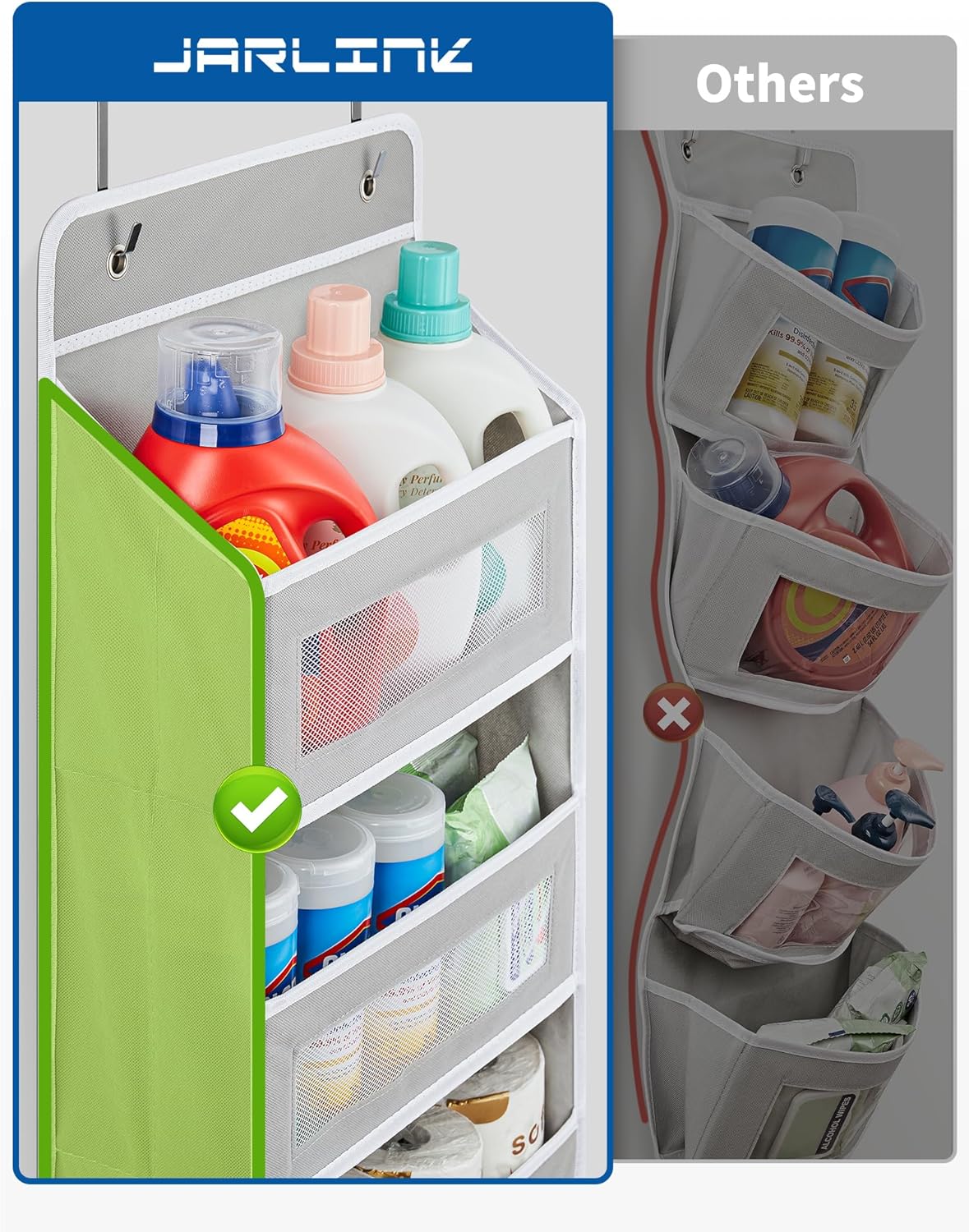 JARLINK Over The Door Organizer, 5 Shelf Door Hanging Organizer with 5 Large Pockets, 44 lbs Weight Capacity Hanging Storage for Bathroom, Bedroom, Nursery, RV, Pantry (Light Grey)