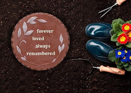 NAT & Jules Floral Laurel Wreath Leaves Pattern Dimensional Indoor Outdoor 12 inch Round Cast Resin Decorative Garden Stepping Stone, Patio, Walkway Sculpture Yard Art, Forever Loved Red