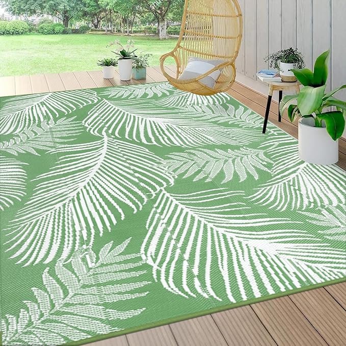 Pauwer Waterproof Outdoor Rug 8x10, Reversible Plastic Straw Patio Camping Rug, Indoor Outdoor RV Mat Carpet for Deck, Camper, Porch, Balcony, Backyard, Picnic, Leaf Green