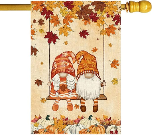 Fall Gnomes Swing Maple Leaves Pumpkins House Flag Large 28X40 Inch Autumn Big Vertical Double Sided Outside Yard Outdoor Outside Holiday Decoration