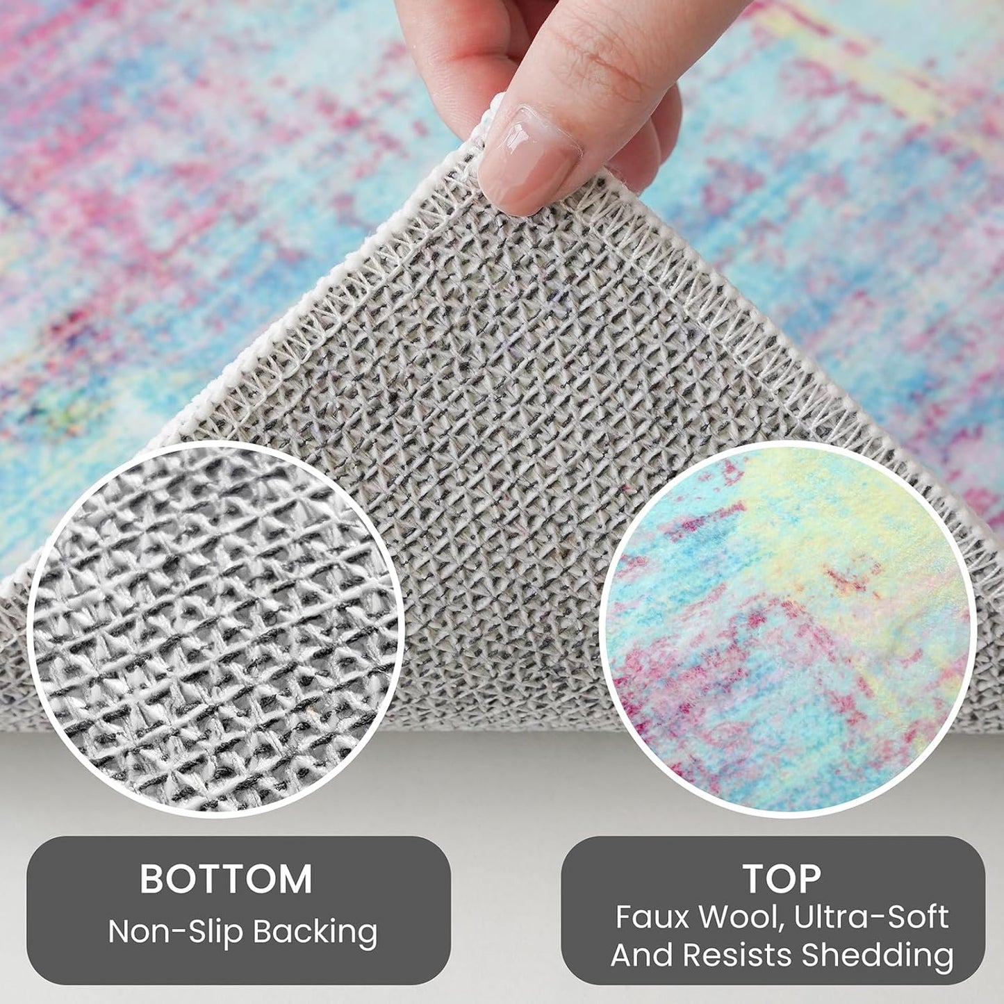 IOHOUZE Abstract Area Rugs 8x10 Ft Washable Large Rugs for Living Room, Non Slip Dining Room Rug, Printed Faux Wool Rugs for Bedroom, Floor Carpet for Office Nursery Playroom, Pink Teal