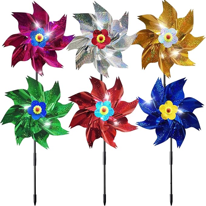 Sparkly Reflective Pinwheels with Stakes, Colorful Wind Spinners Outdoor Bird Scare Devices, Foil Pin Wheel Holographic Whirl Windmill for Yard Garden Decor Garden Wind Spinner 6 Packs