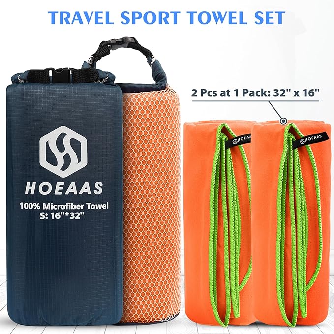HOEAAS 2 Pack Microfiber Camping Towels, Quick Dry Towel, Super Absorbent Ultra Compact Travel Towel Soft Lightweight Sports Towel for Sweat Fast Drying Towels for Pool,Gym,Hiking,Backpacking,Fitness