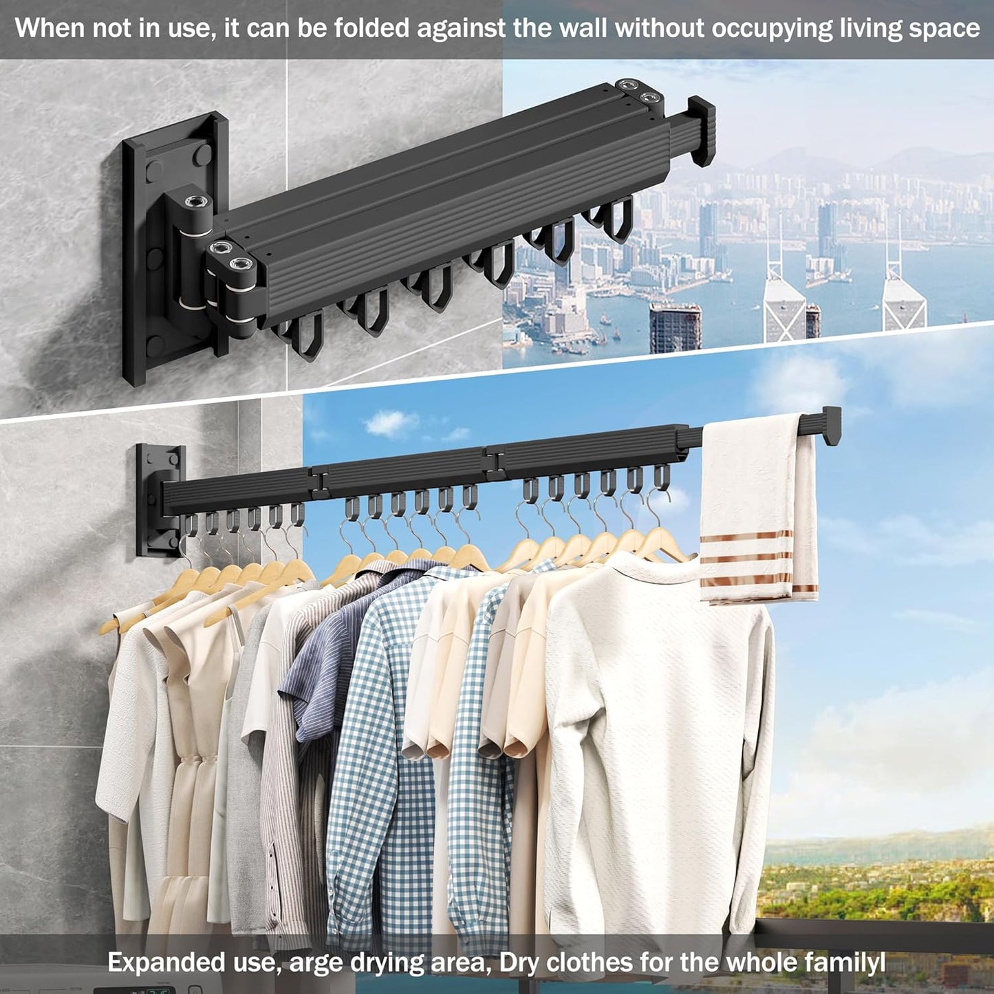 Wall Mounted Clothes Drying Rack, Retractable & Collapsible, Foldable Black-Ring Laundry Hanger
