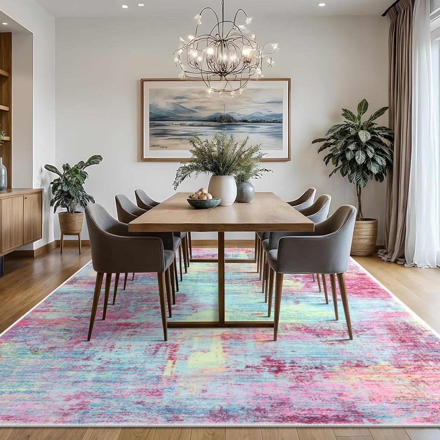 IOHOUZE Abstract Area Rugs 8x10 Ft Washable Large Rugs for Living Room, Non Slip Dining Room Rug, Printed Faux Wool Rugs for Bedroom, Floor Carpet for Office Nursery Playroom, Pink Teal