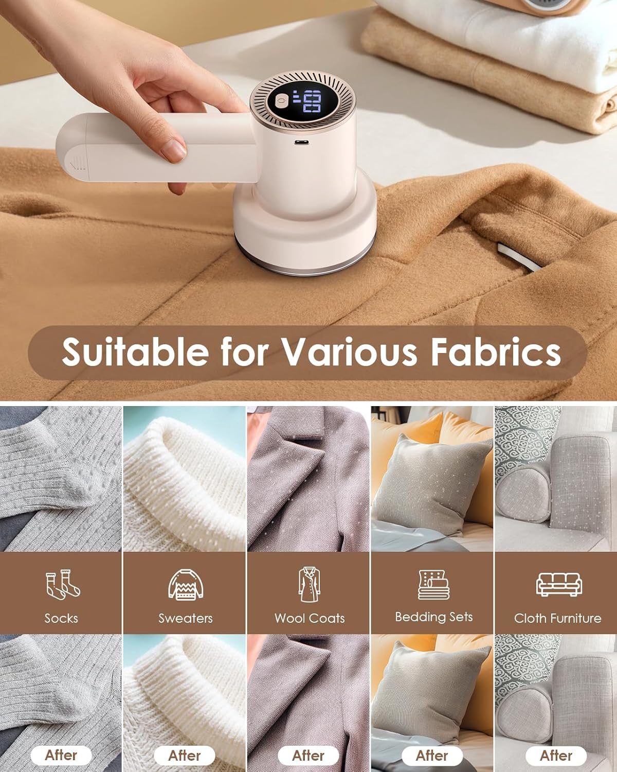 Fabric Shaver Fuzz Remover Rechargeable, HOMEASY Electric Lint Remover Shaver with 3 Blades & LED Digital Display, Sweater Couch Fabric Pill Shaver for Sweater, Couch, Furniture