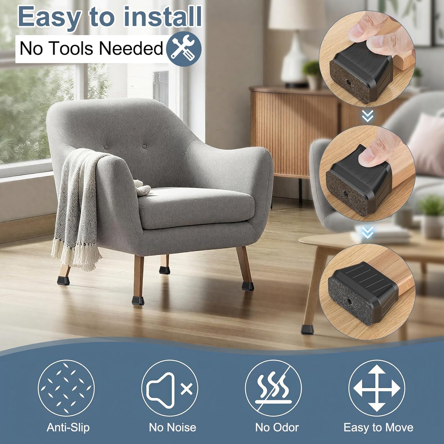 24PCS Rectangular Chair Leg Floor Protectors for Hardwood Floors, Thicken Rubber Chair Leg Cap Covers, Non Slip Furniture Leg Pads to Protect Wood Tile Floors from Scratches and Reduce Noise