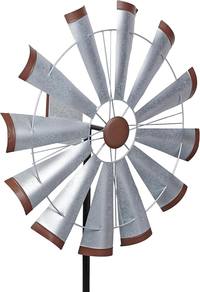 Alpine Corporation SLL2652SL 85" Metal Windmill Garden Stake, Large Outdoor Wind Spinner for Yard, Lawn, Patio, or Garden with Durable Iron Construction, Silver
