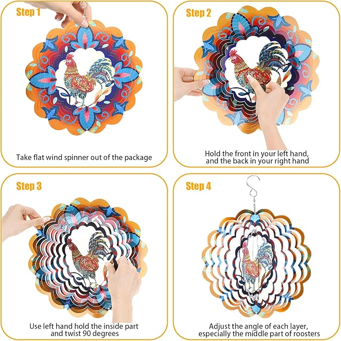 Wind Spinners, Gifts for Women Mom Grandma Wife, 12 inch 3D Stainless Steel Hanging Wind Spinner, Metal Kinetic Wind Sculpture for Indoor/Outdoor Decor, Yard Art, Garden Decorations (Rooster)