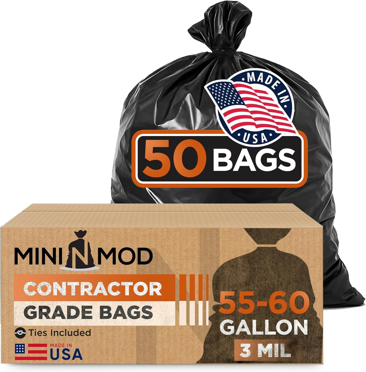 Contractor Garbage Bags 55 Gallon Heavy Duty | 50 Count | 3 Mil Construction Bags Heavy Duty with Ties | 55 Gallon Trash Bag Heavy Duty for Contractors